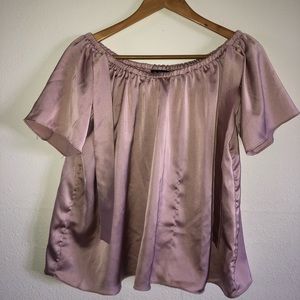 Pink satin off the shoulder